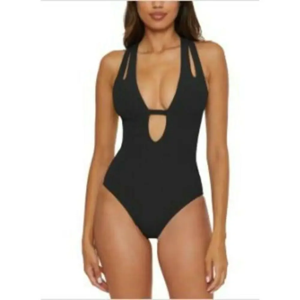 Becca Women's Black Pucker Up Tear Drop One-Piece Swimsuit M